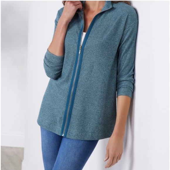 Soft Surroundings Blue Ribbed Zip Up Sweater Cardigan - Size Medium - Picture 1 of 12
